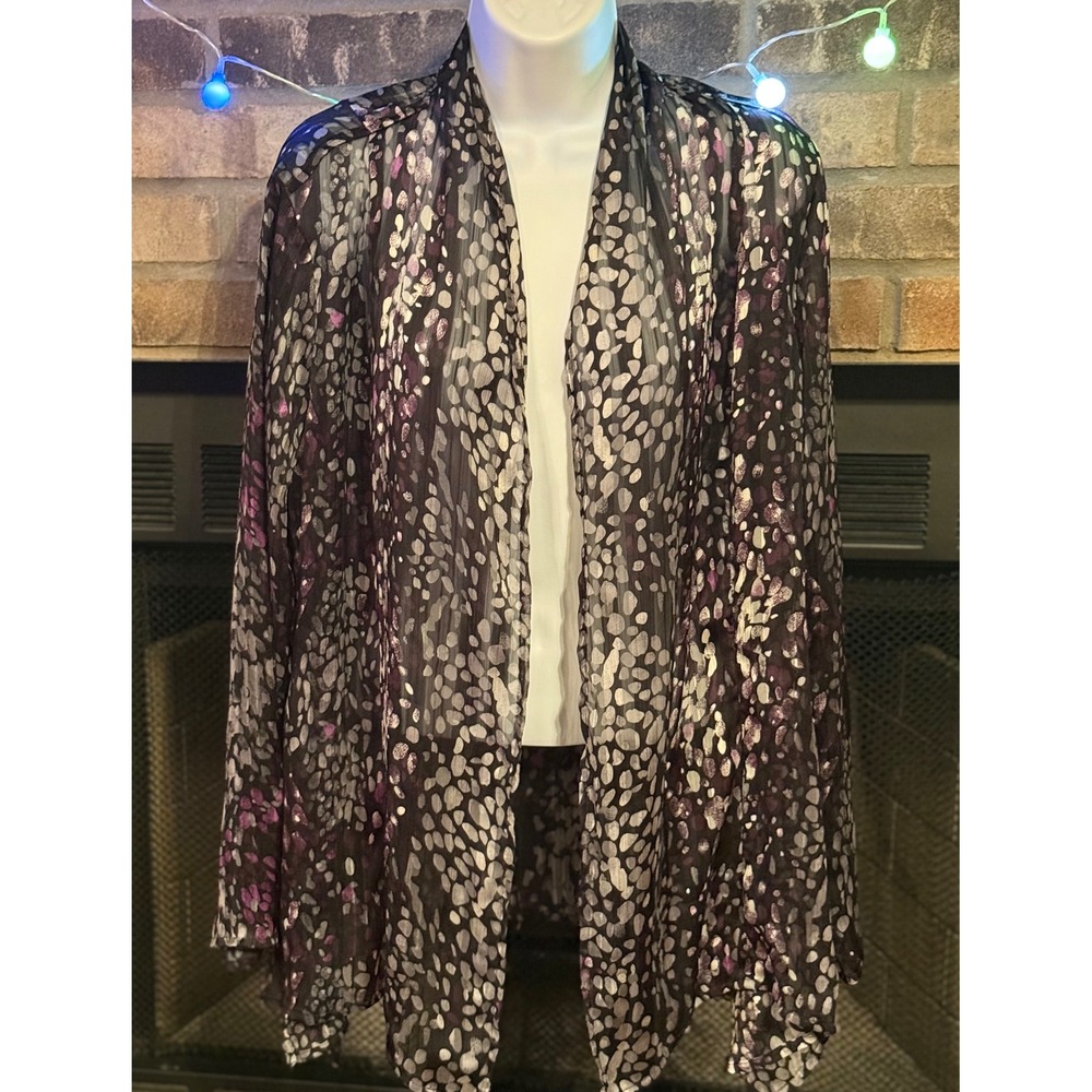 Kasper Womens Medium Purple Abstract Print Sheer Open Front Cardigan Wrap Layer